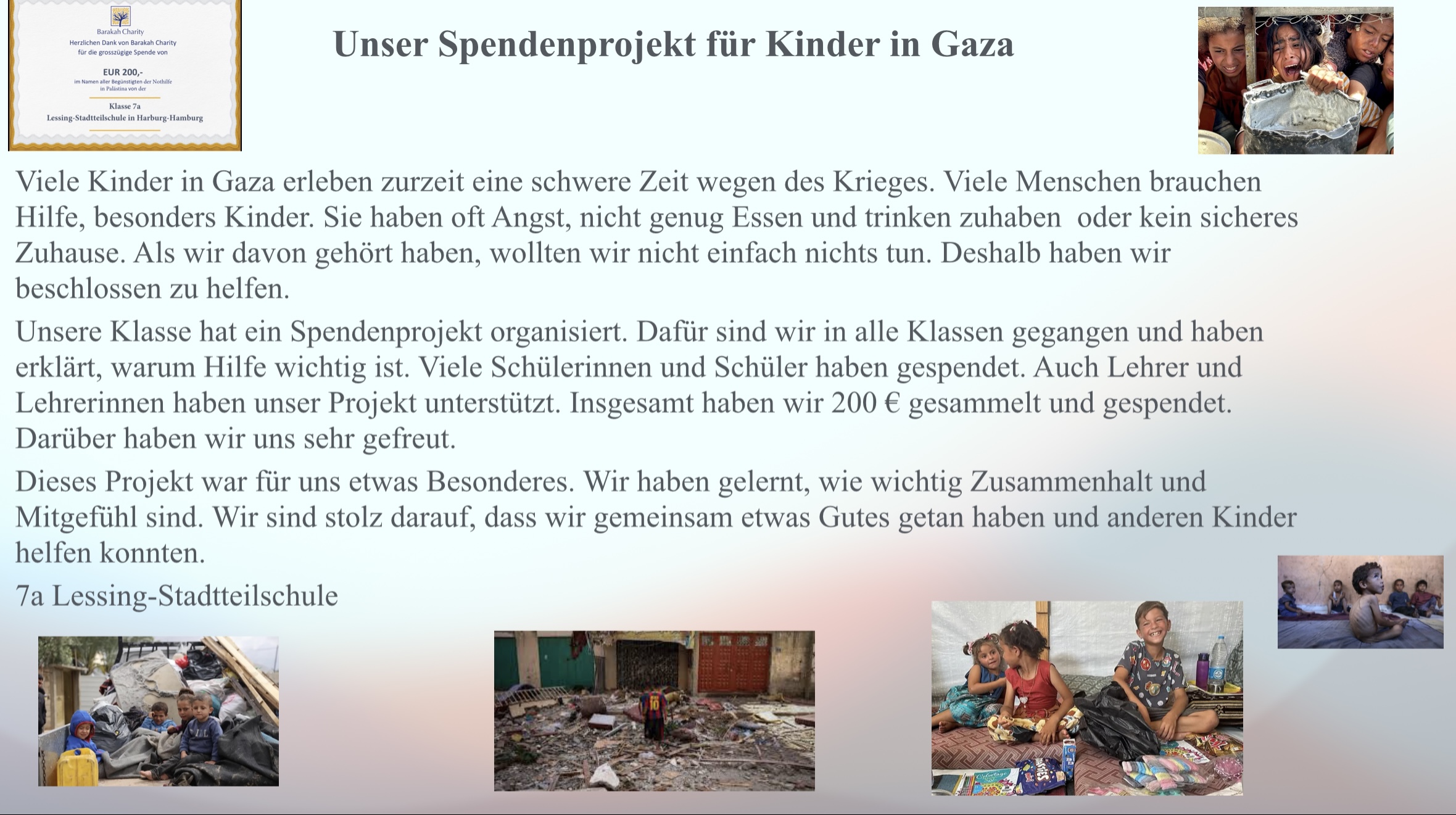 Projektplakat der Klasse 7a zur Spendenaktion für Kinder in Gaza. Neben Fotos zeigt es eine Dankesurkunde von Barakah Charity über die gespendeten 200 Euro.