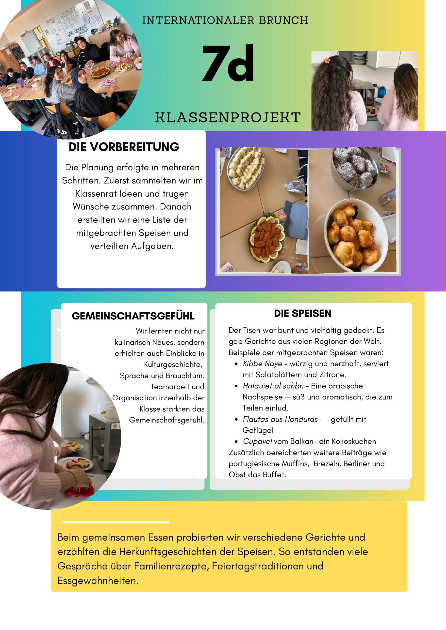 Buntes Projektplakat zum internationalen Brunch der Klasse 7d. Fotos zeigen die Vorbereitung, verschiedene Speisen und das gemeinsame Essen; Texte erläutern Planung und kulturellen Austausch.