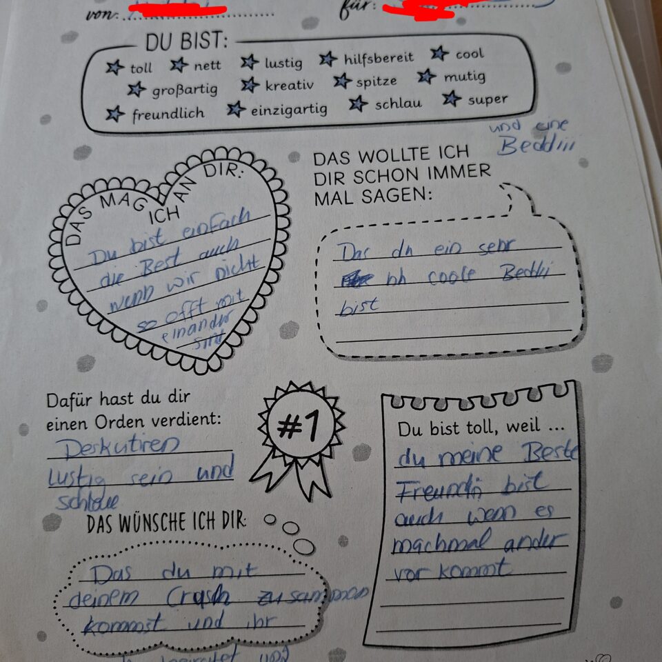 Ausgefülltes Arbeitsblatt „Komplimente“ mit angekreuzten positiven Eigenschaften, persönlichen Botschaften und guten Wünschen. Die Namen sind unkenntlich gemacht.