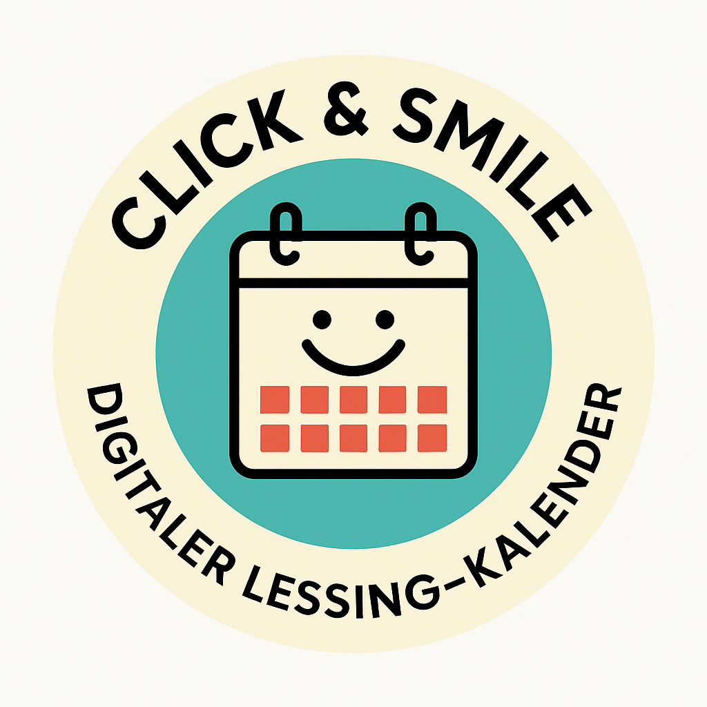 Rundes Logo mit der Aufschrift „Click & Smile – Digitaler Lessing-Kalender“. In der türkisen Mitte ist ein lächelnder Kalender mit roten Datumsfeldern abgebildet.