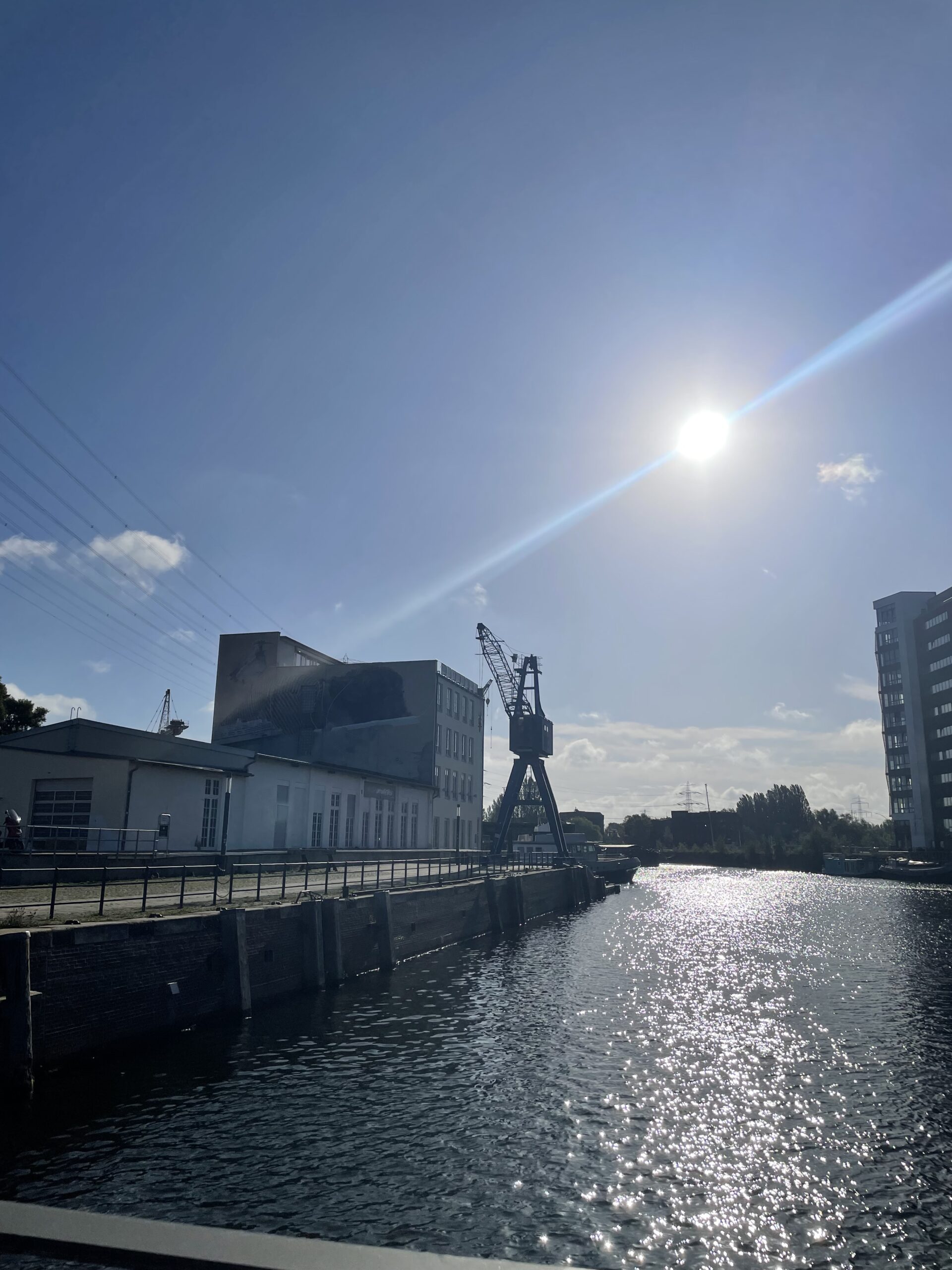 Blick auf den Harburger Binnenhafen mit einem Hafenkran und einem Wandbild an einer Gebäudefassade. Sonnenlicht glitzert auf dem Wasser.